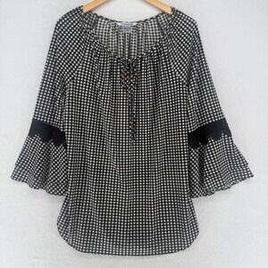 NYGARD Black White Gingham Bell Sleeve Lace Detail Tie Neck Blouse Top Size M